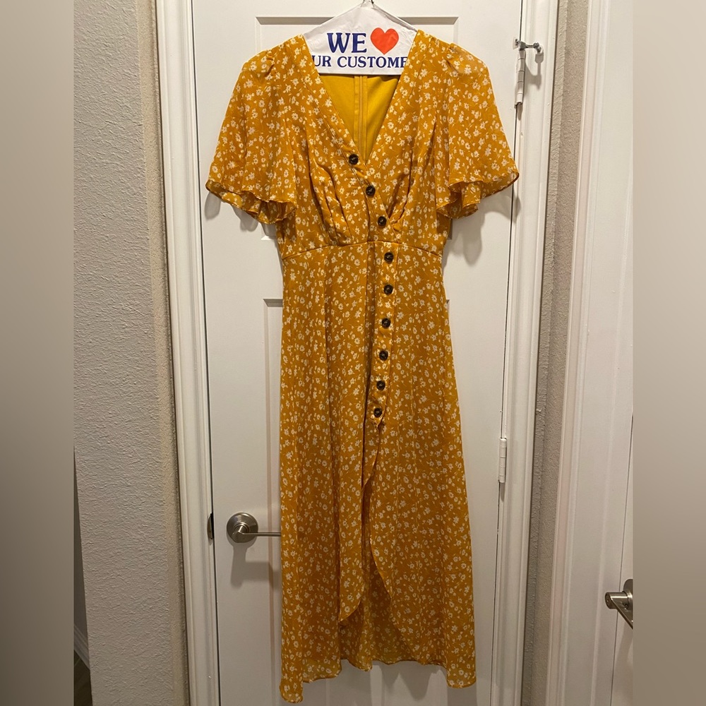 Lulu’s Mustard Yellow Floral Dress Size Small Spring … - Gem